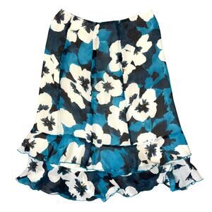 Oscar de la Renta Y2K Floral Silk Blue White Ruffle Fit & Flare Skirt Size 16